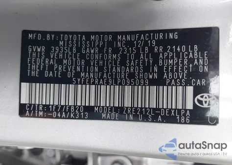 2020 Toyota Corolla Le from USA, damaged, VIN 5YFEPRAE9LP095099
